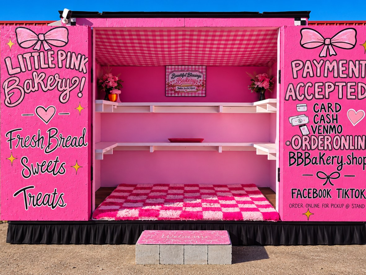 Bright pink self-serve Bountiful Blessings Bakery roadside stand with painted Little Pink Bakery doors, white shelves and a checkered rug